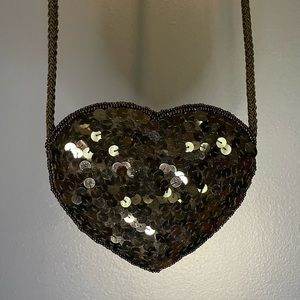 Heart Shaped Black Satin Beaded Sequin Mini Bag with Shoulder Strap. EUC